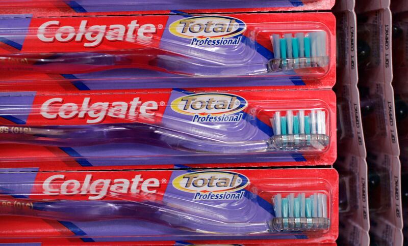 Colgate tooth brushes on display in Palo Alto, Calif., Wednesday, Oct. 29, 2008.