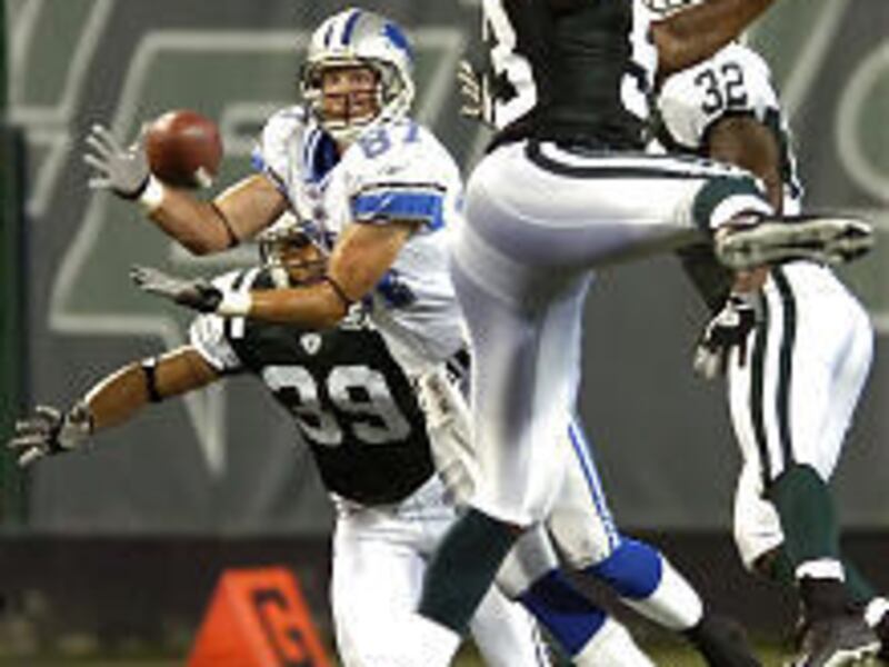 Detroit wide receiver David Kircus eyes the ball during preseason game against the Jets on Friday. New York prevailed, 10-3.