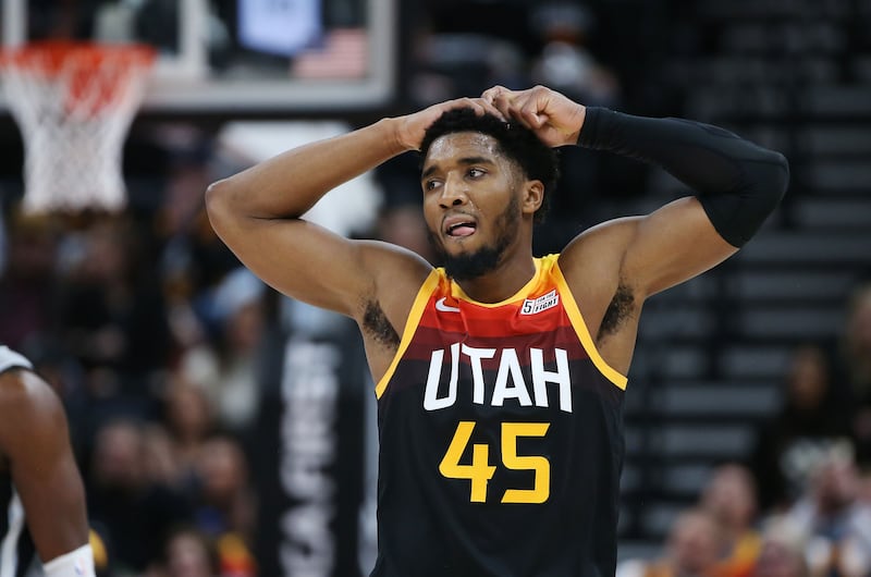 Utah Jazz guard Donovan Mitchell reacts at Vivint Arena
