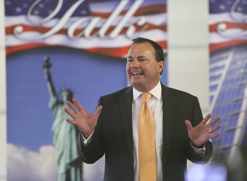 Sen. Mike Lee speaks as he holds one of a series of hour long town hall meetings at the Spanish Fork Fairgrounds Wednesday, Aug. 21, 2013.