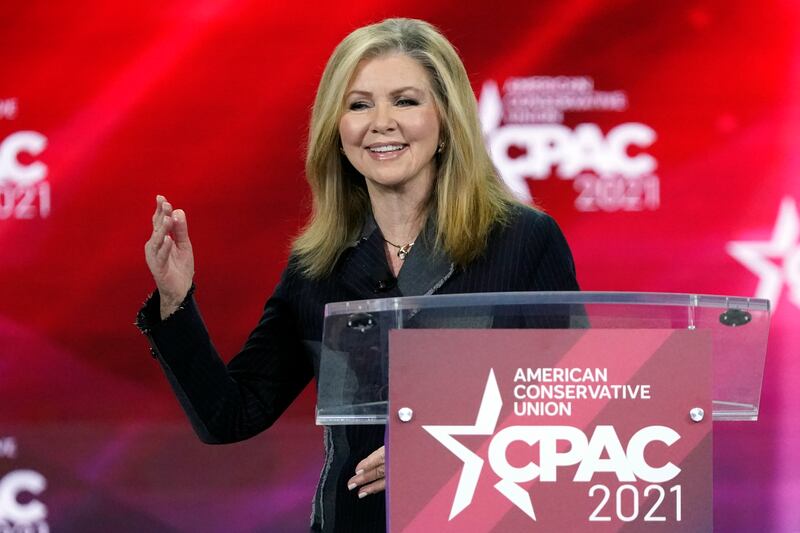 Sen. Marsha Blackburn, R-Tenn., speaks at the Conservative Political Action Conference Friday, Feb. 26, 2021, in Orlando, Fla.