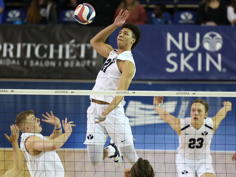 BYU’s Teon Taylor goes up for a spike against Concordia play at the Smithfield House in Provo on Friday, March 11, 2022.