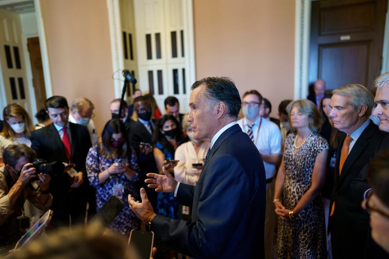 Utah Sen. Mitt Romney and other Republicans discuss the infrastructure compromise bill.