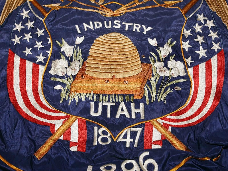 Close-up showing the beehive on a 1922 Utah flag at the Utah State Historical Society.