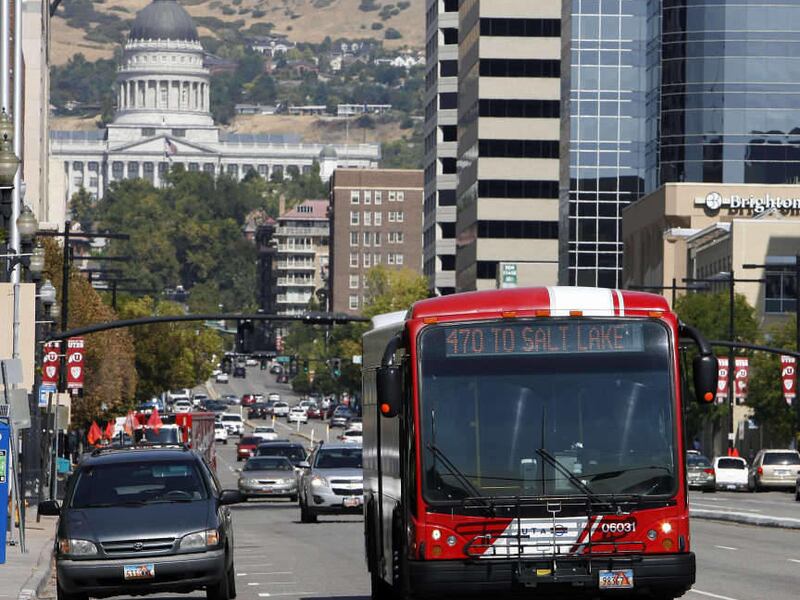A UTA bus carries passengers on State Street in Salt Lake City, Wednesday, Sept. 26, 2012.