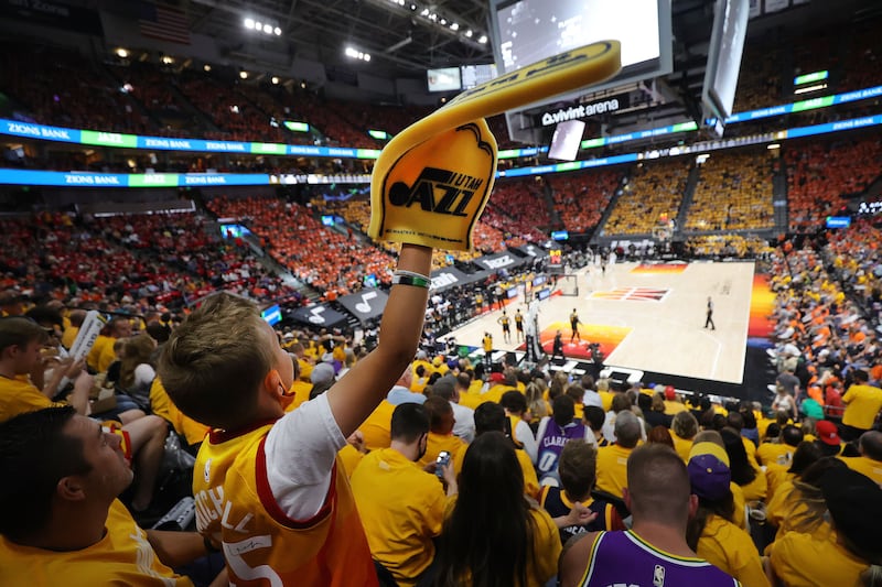 A Utah Jazz fan cheers during the NBA playoffs in Salt Lake City on Thursday, June 10, 2021. The Jazz won 117-111.