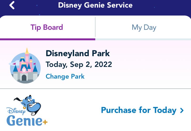 A screenshot from the Disneyland app shows where park goers can purchase the Genie+ service under the Disney Genie Service tip board.