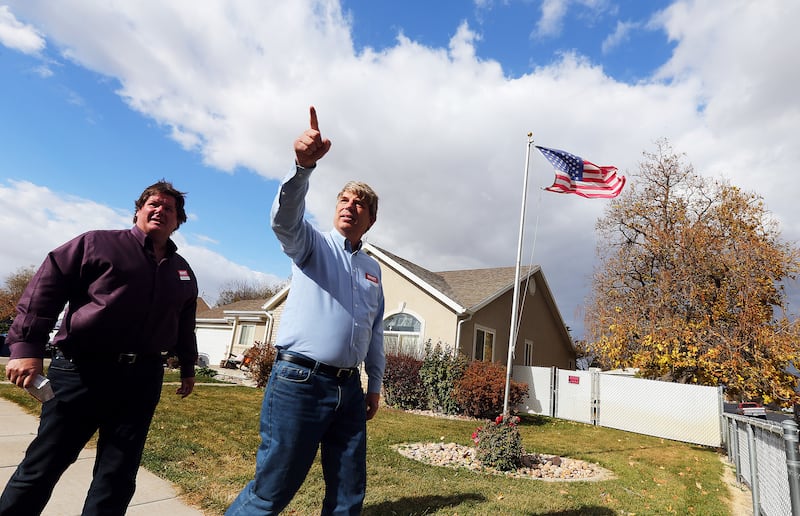 Jim Bennett, United Utah Party's candidate for the vacant seat in the 3rd Congressional District, walks with campaign manager Tim Fullmer in Spanish Fork on Friday, Nov. 3, 2017.