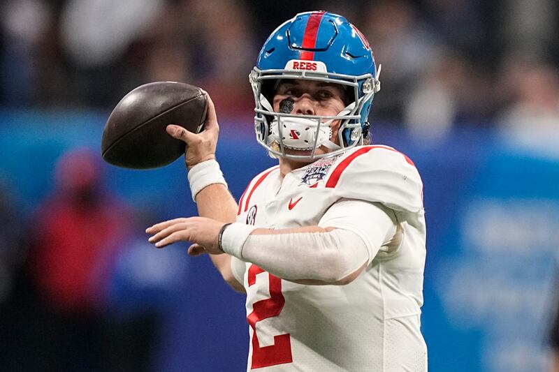 Mississippi quarterback Jaxson Dart passes against Penn State Saturday, Dec. 30, 2023, in Atlanta.