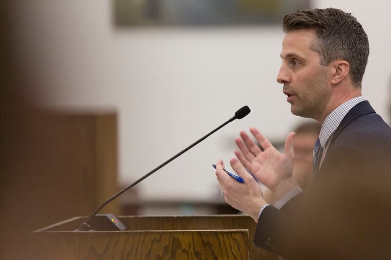 Douglas T. Thompson, an attorney for Meagan Grunwald, speaks during oral arguments in the Utah Supreme Court case State v. Grunwald at the J. Reuben Clark Law School at Brigham Young University on Monday, March 18, 2019, in Provo.