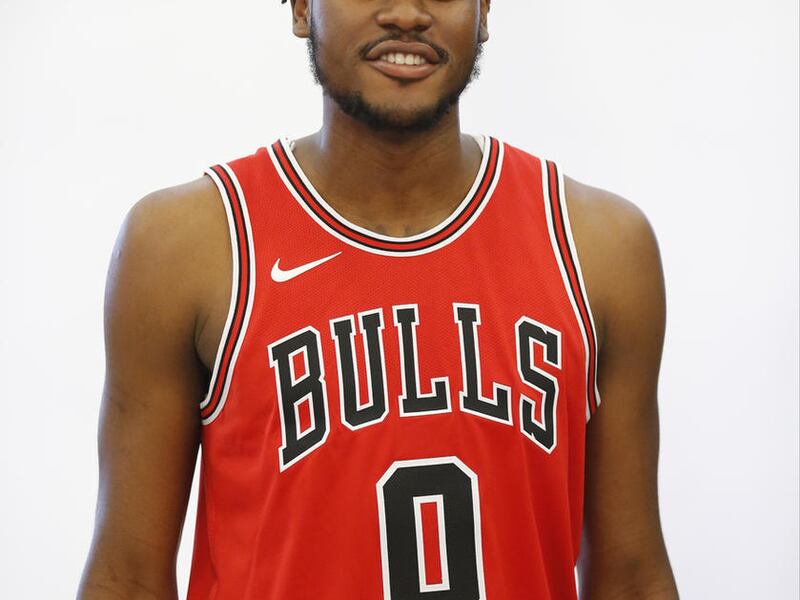 Chicago Bulls' Diamond Stone poses for a portrait during media day for the NBA basketball team Monday, Sept. 25, 2017, in Chicago. (AP Photo/Charles Rex Arbogast)