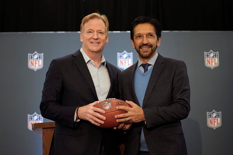NFL Commissioner Roger Goodell, left, poses with Sao Paulo, Brazil, Mayor Ricardo Nunes in Irving, Texas, on Dec. 13, 2023.