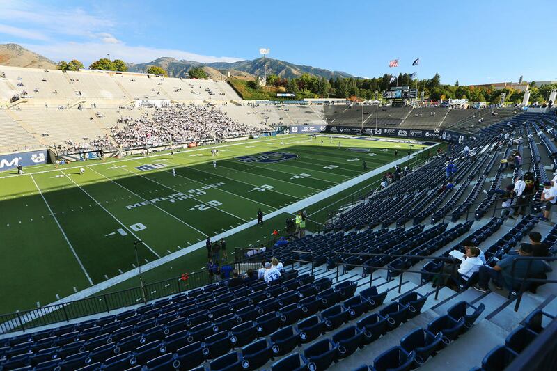 Maverik Stadium in Logan in 2017. The Utah State Aggies host Hawaii on Saturday.