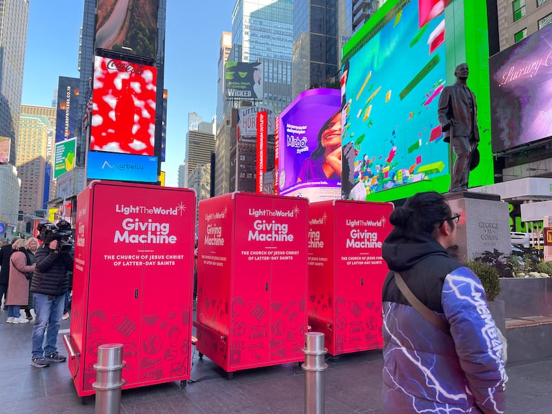 The Light the World Giving Machines sat on Temple Square for a press conference on Monday, Dec. 2, 2024.
