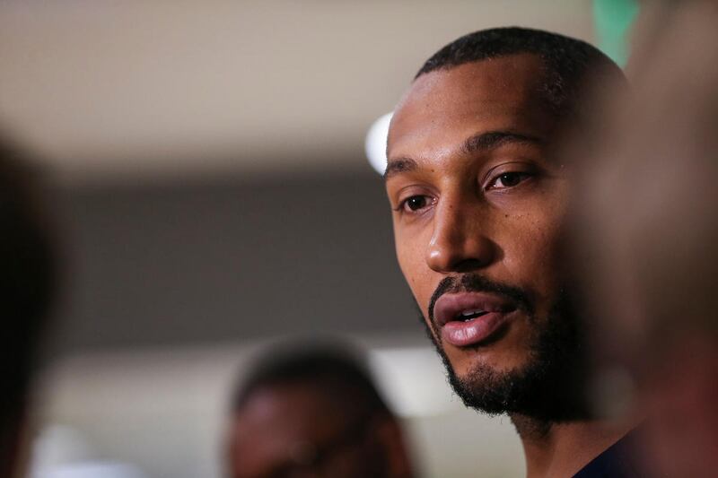 Utah Jazz center Boris Diaw (33) talks to journalists after practice at the Equinox Sports Club in San Francisco on Tuesday, May 02, 2017.