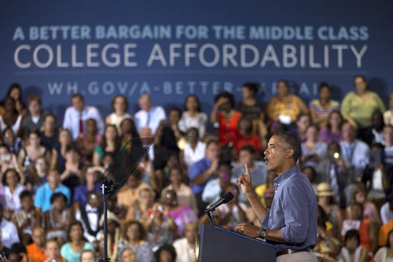 President Barack Obama speaks at Henninger High School in Syracuse, N.Y., in this Thursday, Aug. 22, 2013, photo. Obama is pitching an overhaul of federal student aid that would link dollars to the Education Department's ratings of colleges and universiti