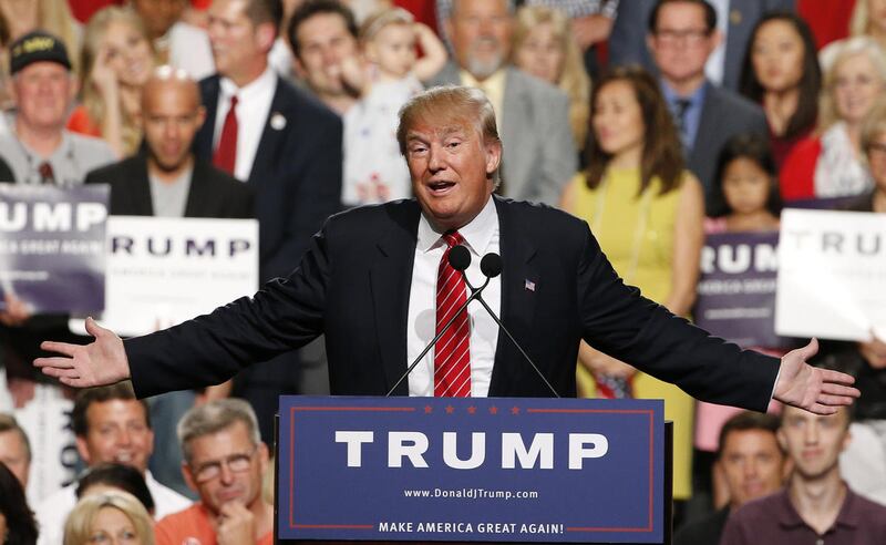 FILE - In this July 11, 2015 file photo, then-Republican presidential candidate Donald Trump speaks before a crowd of 3,500 Saturday, July 11, 2015, in Phoenix. Trump was just a few weeks into his candidacy in 2015 when came to Phoenix for a speech that e