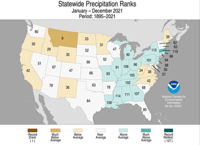 This map shows precipitation totals for states in the contiguous U.S. throughout 2021. One on the scale represents the driest on record, while 127 represents the wettest. Utah ended up in the middle close to the average.