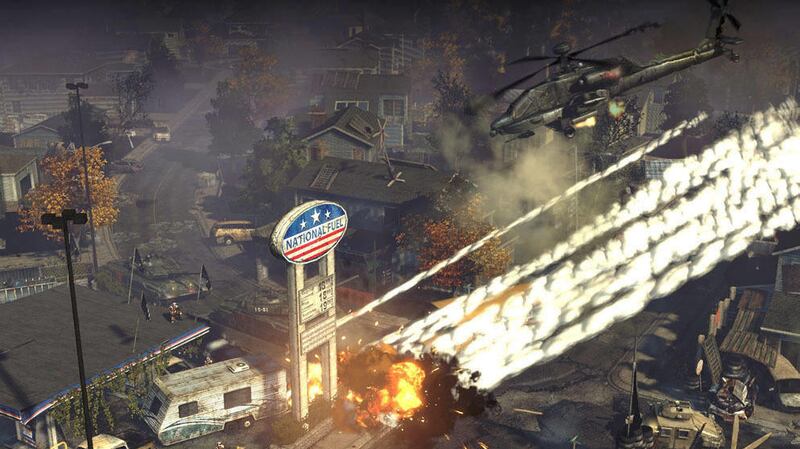 In this screen grab photo provided by THQ, explosives rain down on a gas station in the video game "Homefront"