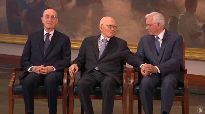 The new First Presidency, from left, President Henry B. Eyring, first counselor; President Dallin H. Oaks; and President D. Todd Christofferson, second counselor.