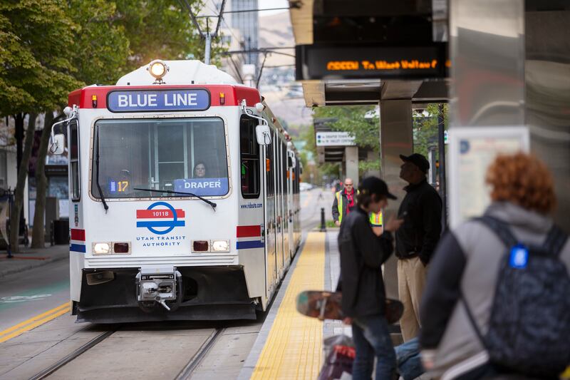 FILE - A Blue Line train comes to a stop at the Downtown station as TRAX problems still affecting sections of the line in downtown Salt Lake City on Monday, Oct. 8, 2018.