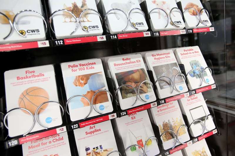 Available items are shown in a #LightTheWorld Giving Machine in Salt Lake City on Nov. 25, 2019.