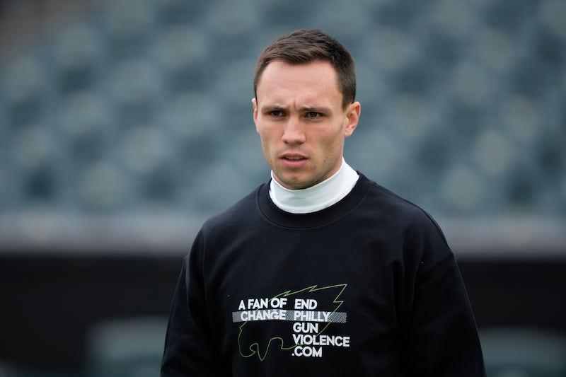 Philadelphia Eagles wide receiver Britain Covey works out prior to an NFL football game against the Arizona Cardinals, Sunday, Dec. 31, 2023.