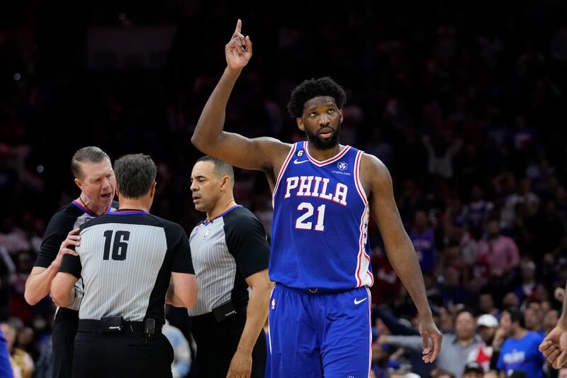 Philadelphia 76ers’ Joel Embiid reacts after a foul against teammate Tyrese Maxey during Game 6 of the team’s Eastern Conference semifinal.