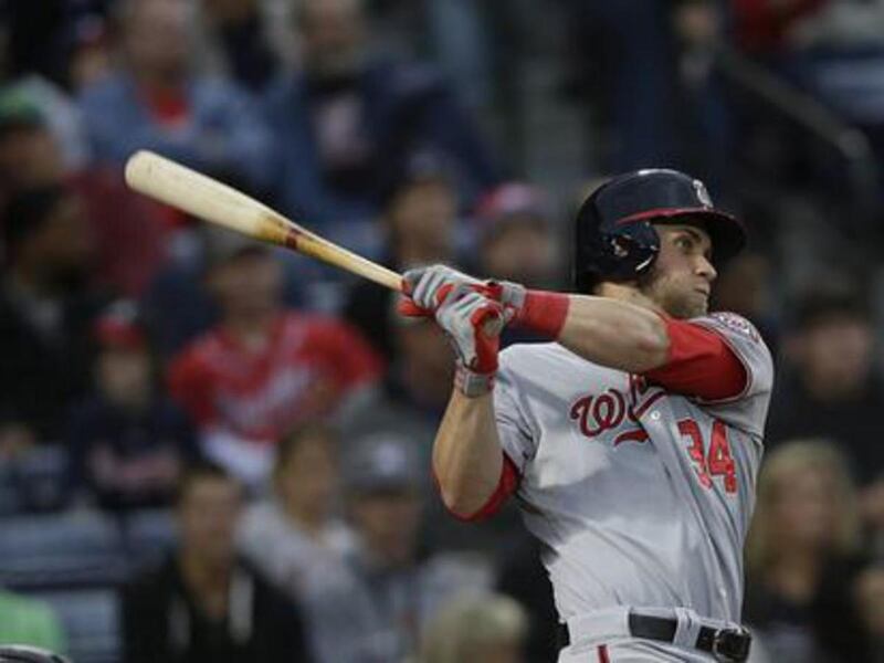 Washington Nationals center fielder Bryce Harper bats against the Atlanta Braves in a baseball game Thursday, May 2, 2013, in Atlanta.