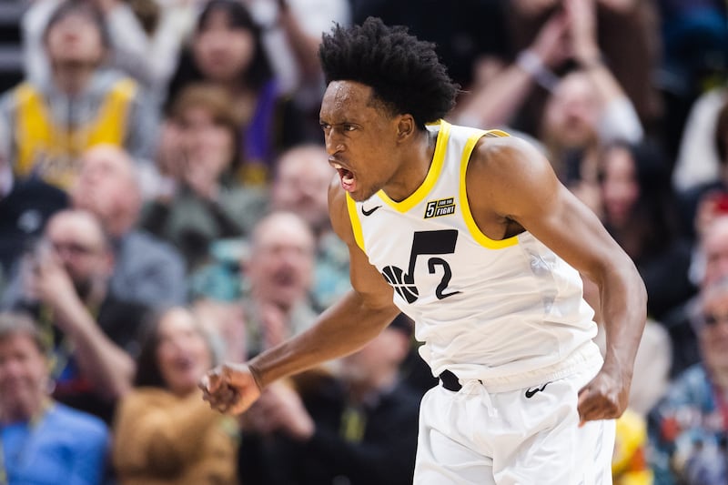 Utah Jazz guard Collin Sexton reacts during game against the Los Angeles Lakers at Vivint Arena in Salt Lake City on April 4, 2023.