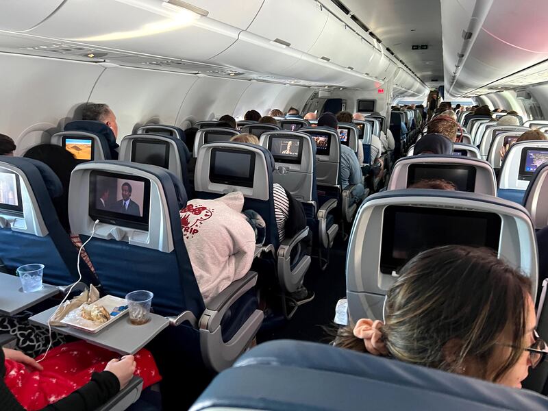 An interior photo of a Delta Airlines plane traveling from Salt Lake City to Orlando, Florida, on Dec. 15, 2023.