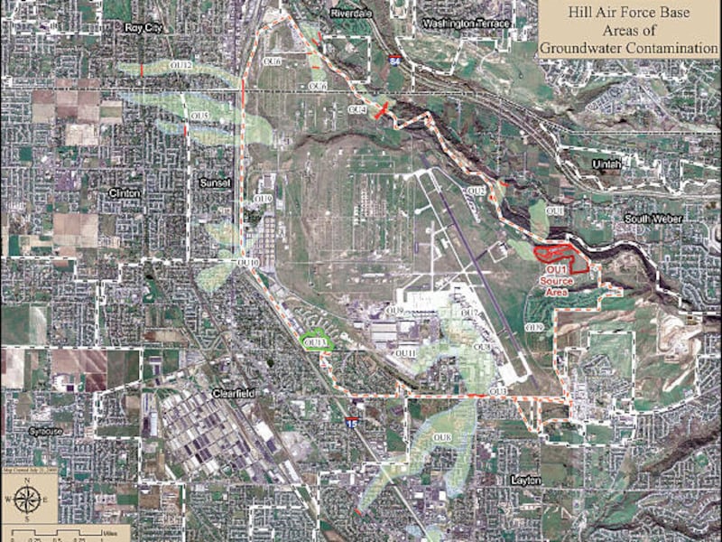 Map from Hill Air Force Base shows contaminated areas in Davis and Weber counties and on the base itself.
