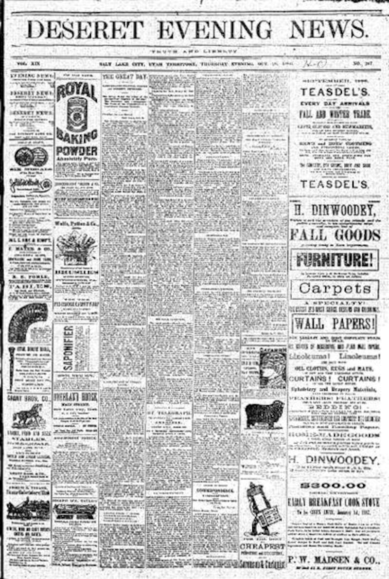 The front page of the Deseret Evening News details the dedication of the Statue of Liberty.