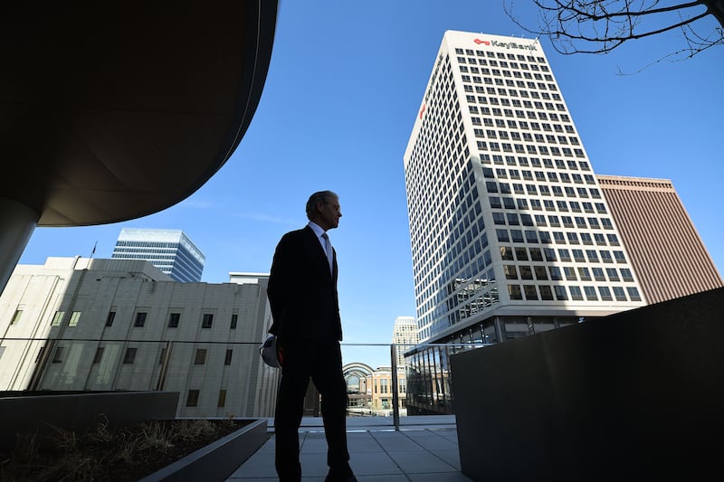Matt Baldwin, director of real estate development for City Creek, looks over the view from the terrace of the 95 State Tower.