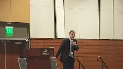 Speaker John Bytheway talks about "Experiencing the Book of Mormon in the Garden" at Saturday's Book of Mormon Central Conference at the Utah Valley Convention Center in Provo, Utah.