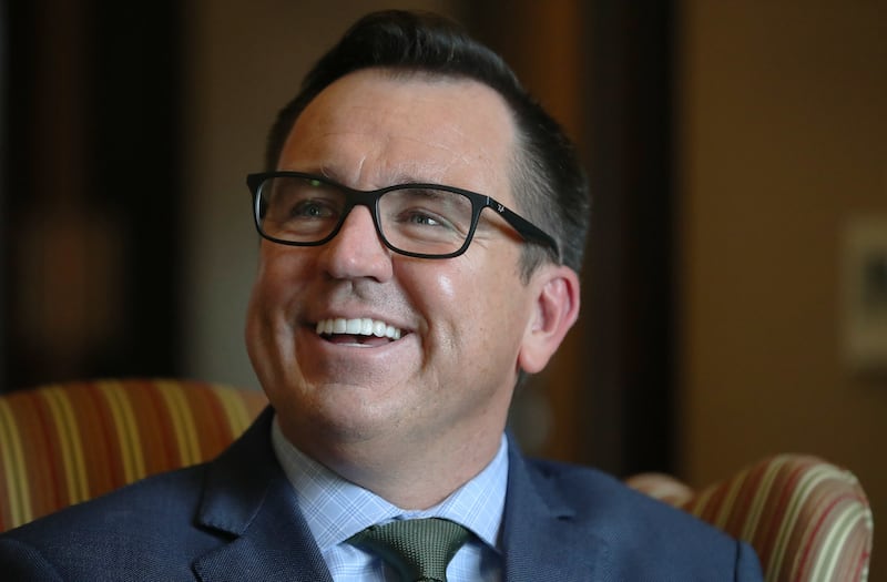 Utah House Speaker Greg Hughes laughs during a media interview in his Capitol Hill office in Salt Lake City on Friday, Dec. 21, 2018.