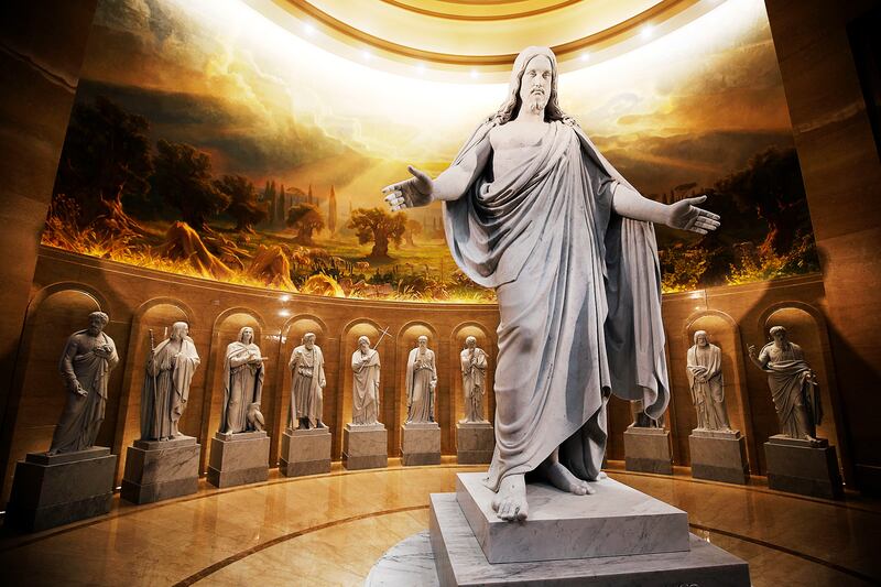 Statues of Christ and the Apostles are displayed in the Rome Temple Visitor's Center of The Church of Jesus Christ of Latter-day Saints in Rome, Italy on Sunday, Jan. 13, 2019.