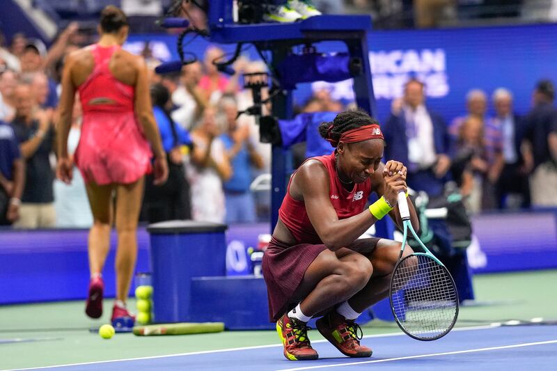 Coco Gauff, of the United States, reacts after defeating Aryna Sabalenka, of Belarus, in the women’s singles final of the 2023 U.S. Open.