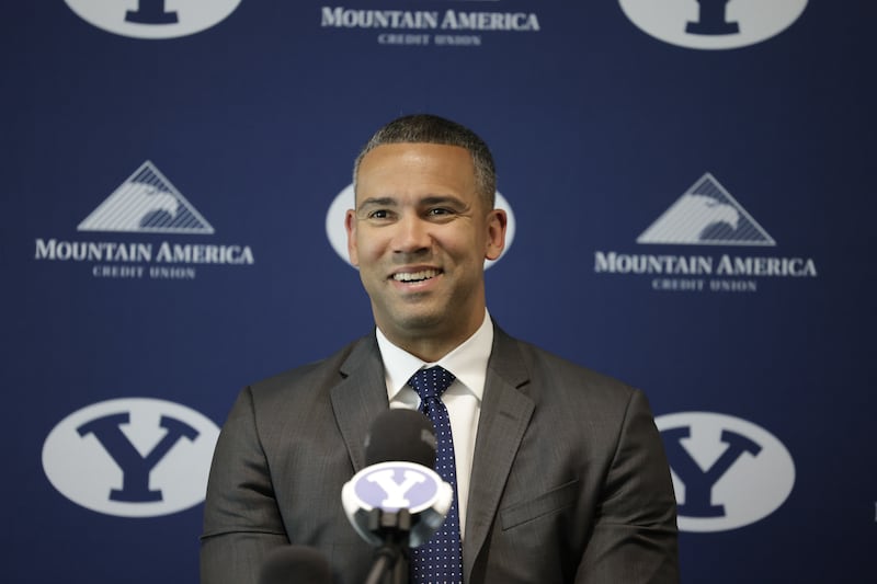 New BYU assistant men’s basketball coach Kahil Fennell is introduced at a press conference in Provo, Utah, on May 27, 2022.