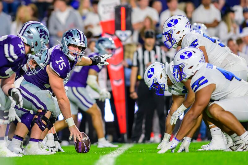 The BYU defensive line waits for the snap during game against Kansas Saturday, Sept. 21, 2024 in Provo, Utah. The Cougars upset the No. 13-ranked Wildcats, but another tough Big 12 test awaits the Cougars this week, when they travel to Waco, Texas, to take on the Baylor Bears.