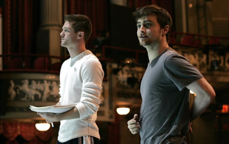 Daniel Radcliffe, right, and Spencer Liff look on during a rehearsal of the play "Equus" Oct. 21 in New York.