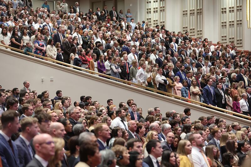 Conferencegoers sing during a general conference of The Church of Jesus Christ of Latter-day Saints in April 2023.