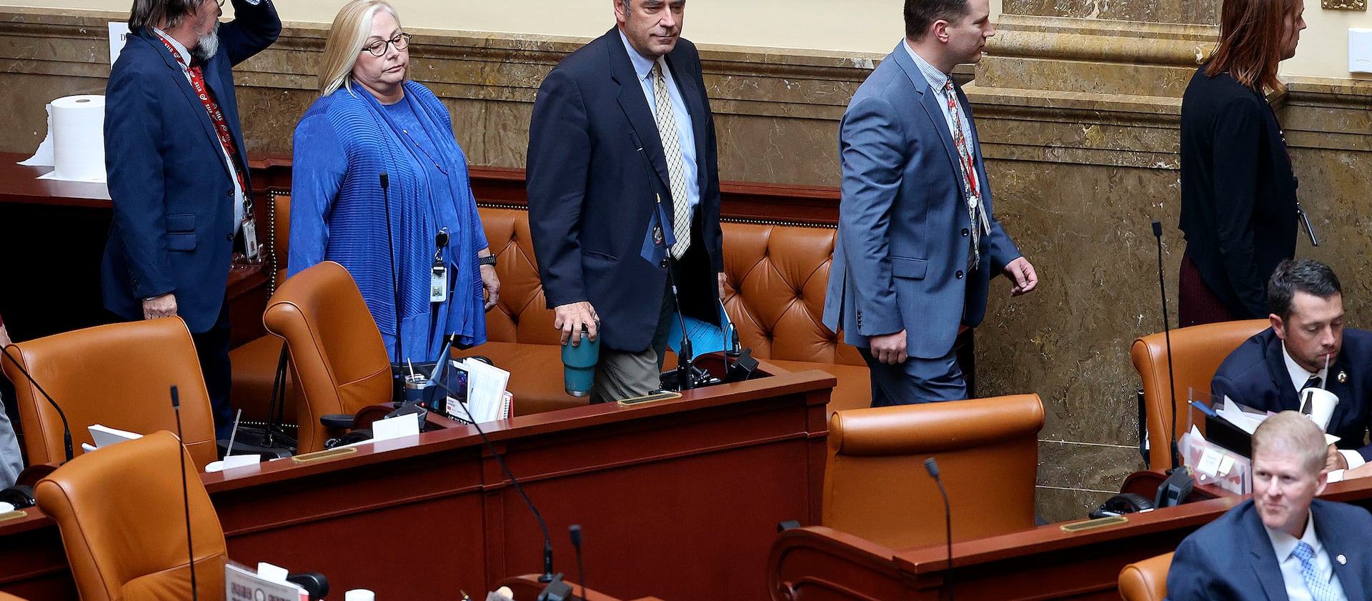 Democratic lawmakers walk out of an extraordinary session of the Legislature in protest of Republican lawmakers’ plans to pass resolutions encouraging a ban of critical race theory concepts in Salt Lake City.