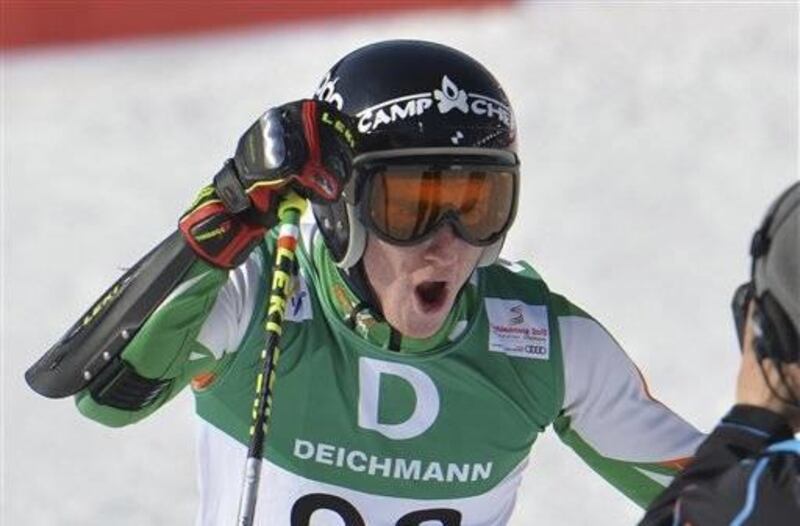 Ireland's Conor Lyne reacts after the first run of the men's giant slalom at the Alpine skiing world championships in Schladming, Austria, Friday, Feb. 15, 2013. (AP Photo/Kerstin Joensson)