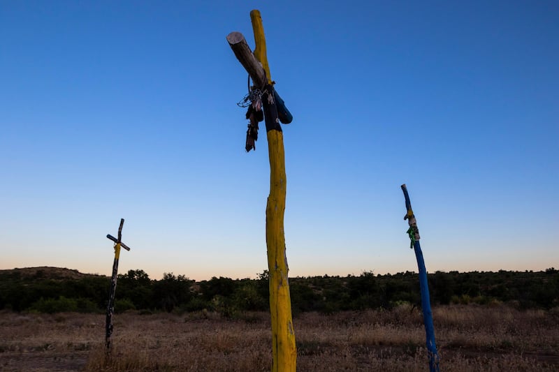 Apache religious symbols are posted at Oak Flat Campground, a sacred site for Native Americans in Miami, Ariz.