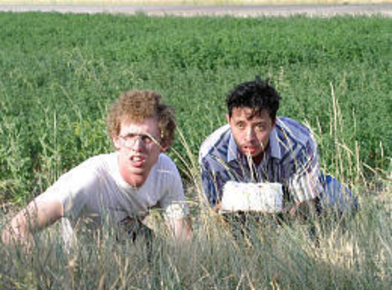 Jon Heder and Efren Ramirez in "Napoleon Dynamite." Heder said religion is a frequent topic in interviews.