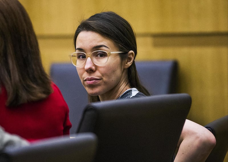 In this Jan. 9, 2015, file photo, Jodi Arias sits during her sentencing phase retrial in Maricopa County Superior Court in Phoenix. Officials have released transcripts of closed-door testimony given two months ago by Arias during her sentencing retrial.
