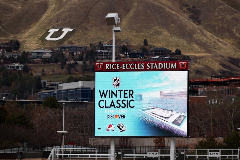 Signage for the National Hockey League’s 2027 Winter Classic is displayed before a press conference held by the Utah Mammoth and NHL at Rice-Eccles Stadium in Salt Lake City on Wednesday, Jan. 7, 2026.