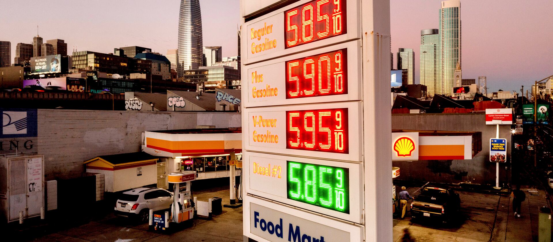 A marquee displays gas prices of over $5 a gallon in San Francisco.