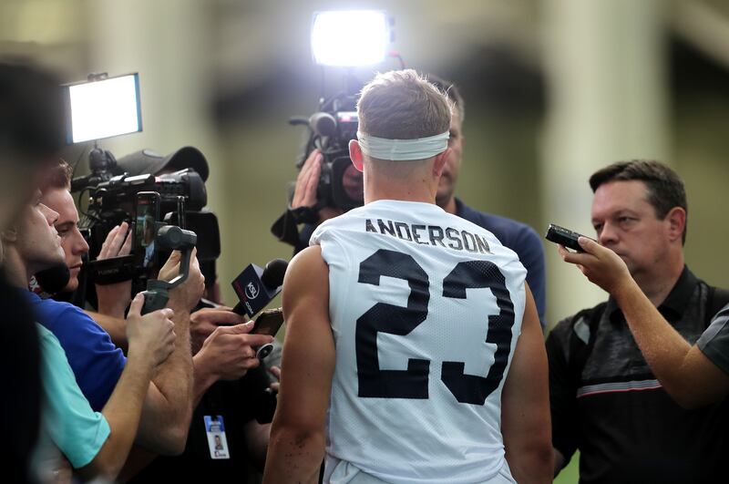 BYU linebacker Zayne Anderson talks with members of the media in July 2019